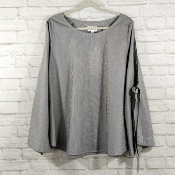 Y Blu Heaven Women's Grey Striped Long Tie Statement Sleeve Top Blouse NWT M - Picture 2 of 13